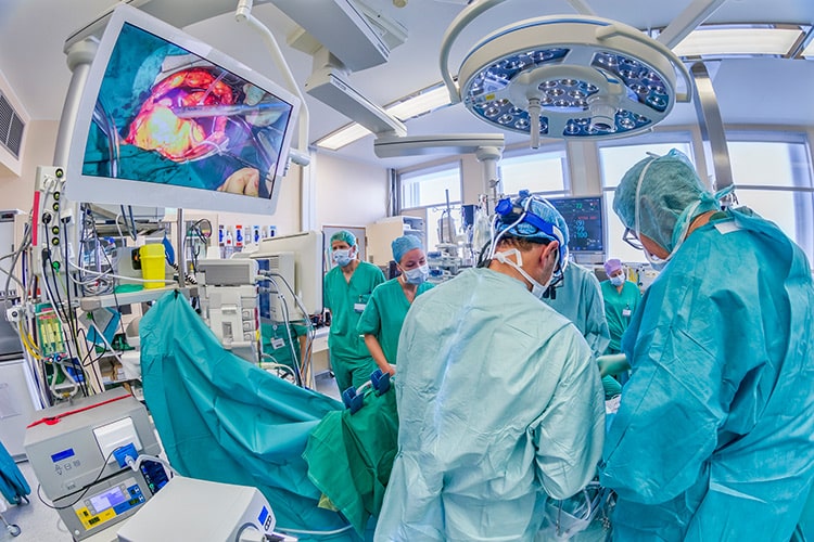 心脏外科医生和护士在手术室进行心脏瓣膜置换手术，手术室，雷克雅未克，冰岛。